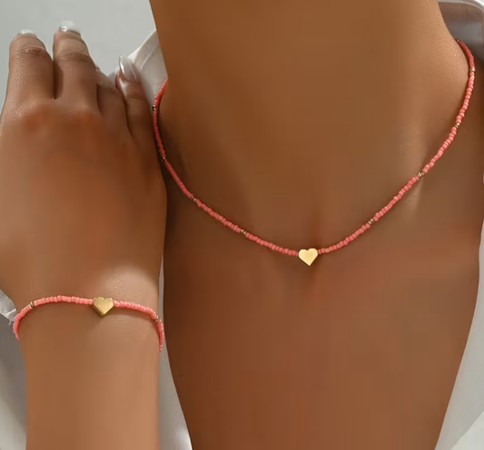 Sundy Mrnin Beaded Heart Necklace & Bracelet